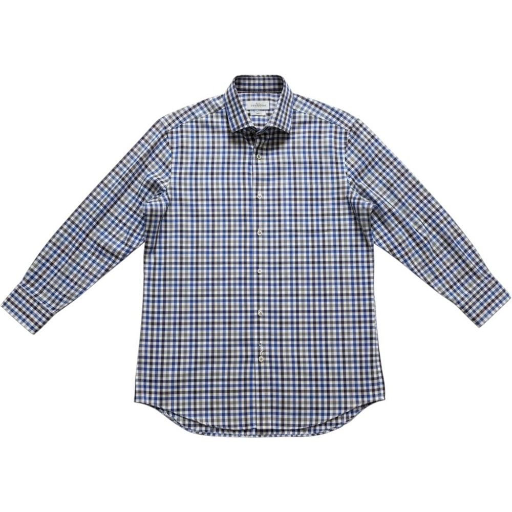 Peter Millar Mens Large Blue Brown Gingham Check Cotton Button Down Shirt